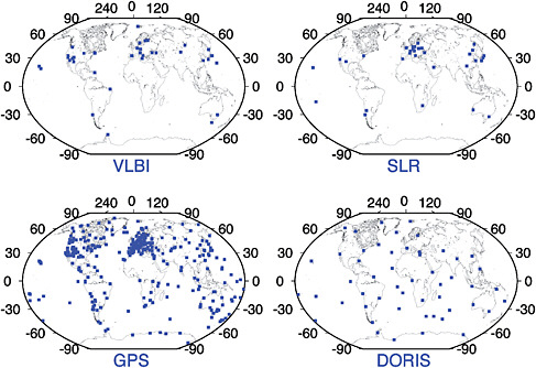 FIGURE 5.1 The network distribution of the four geodetic techniques contributing to the ITRF. Shown are the stations that contributed data during the year 2009. There are thousands of geodetic GPS receivers deployed worldwide, but only a subset of these receivers, coordinated by the International GNSS Service (IGS), are used for the ITRF definition. SOURCE: Courtesy of Zuheir Altamimi, 2010.