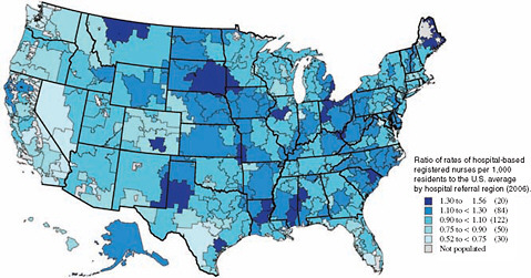 FIGURE F-2 Geographic variation in rates of hospital-based RNs per 1,000 population (2006).