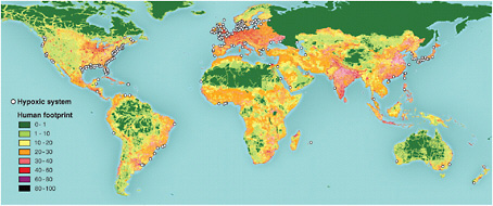 FIGURE 2-6 Global distribution of 400-plus systems that have reported eutrophication-associated dead zones. Their distribution matches the global human footprint (i.e., the concentrations of people and their impacts) in the Northern Hemisphere. For intensely populated parts of Asia and the Southern Hemisphere, occurrence of dead zones only recently has been reported (Diaz and Rosenberg, 2008). The presence of a dot on the map indicates coastal hypoxia, and the absence signifies either that no measurement was made or that the measurement yielded no hypoxia.