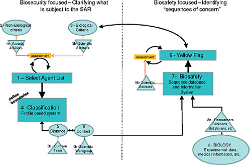 FIGURE 4.1 Concept of sequence-based classification and yellow flag systems, including differences and interactions between biosecurity and biosafety components (see also Appendix L). Black lines indicate information flow; yellow lines represent decision making. Biological (3) and non-Biological (2) criteria drive the Select Agent list (1) assessment. Profile-based classification system (4) would create sequence-based boundaries around Select Agents. Content (6) of profile-bounded sequences are input to the Biosafety system (7), which also uses experimental and medical information (8) to define Yellow Flag (9) set of sequences that indicate potential biosafety concern. Yellow flag information would inform the process of Select Agent designation. (Scientific Advisors (3b and 9b) could be carried out by a single scientific advisory panel.)