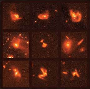 FIGURE 3.5 Hubble Space Telescope images of ultraluminous infrared galaxies make clear that their prodigious star-formation rates are associated with violent mergers of two or even more galaxies. Often these are dusty, obscured environments best imaged at far-infrared or X-ray wavelengths. SOURCE: Courtesy of NASA and K. Borne (Raytheon ITSS and NASA Goddard Space Flight Center), H. Bushouse (STScI), L. Colina (Instituto de Fisica de Cantabria, Spain), and R. Lucas (STScI); see http://hubblesite.org/newscenter/archive/releases/1999/45/image/a/format/web_print/.
