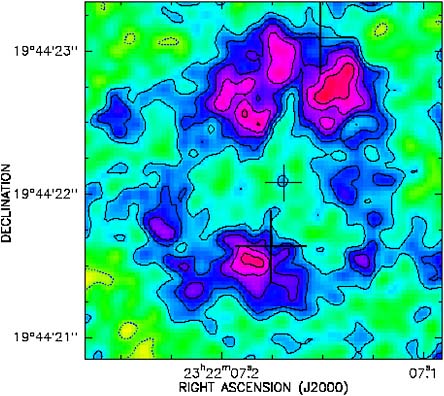 FIGURE 3.14 High-resolution (0.3″) Very Large Array map of CO (J = 2→1) emission from the z = 4.12 quasar PSS J2322+1944, tracing cold molecular gas in its host galaxy. Gravitational lensing into a full Einstein ring makes this system easier to detect and map. The new capabilities of the Expanded Very Large Array and the Atacama Large Millimeter Array will make it possible to extend such work to wider ranges in redshift and to target more typical high-redshift galaxies that are neither extremely luminous nor highly lensed. SOURCE: D.A. Riechers, F. Walter, B.J. Brewer, C.L. Carilli, G.F. Lewis, F. Bertoldi, and P. Cox, A molecular Einstein ring at z = 4.12: Imaging the dynamics of a quasar host galaxy through a cosmic lens, Astrophysical Journal 686(2):851, 2008, reproduced by permission of the AAS.