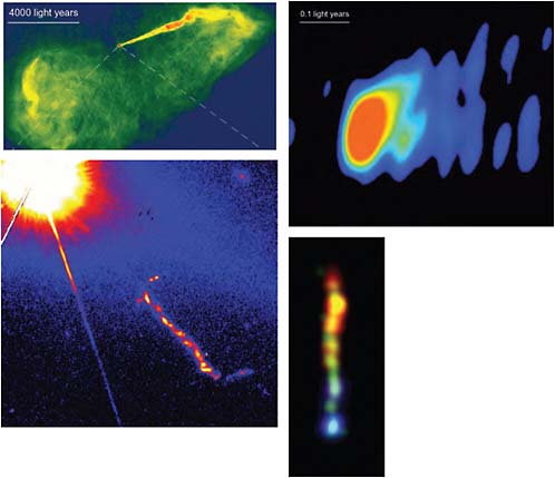 FIGURE 3.16 Top: Radio images of the galaxy M87 at different scales show (top left, Very Large Array [VLA]) giant, bubble-like structures of radio emission powered by the jets from the galaxy’s central black hole and (top right) Very Long Baseline Array image of the jet being formed into a narrow beam within a hundred Schwarzschild radii of the black hole. The scale of each image is shown by white bars; 1,000 light-years is about 60 million times the distance from Earth to the Sun, and 0.1 light-year is about 1,000 Schwarzschild radii for M87’s black hole mass of . Bottom: Hubble Space Telescope (HST) optical image of the quasar 3C 273 and its kiloparsec-scale jet (bottom left) and a multiwavelength Chandra/HST/Spitzer/VLA image of the jet alone (bottom right). The jet emission is synchrotron radiation from energetic electrons accelerated by the jet’s magnetic field, and extends nearly 40,000 light-years across the sky. The highest-energy particles, which radiate X-rays (blue), lose their energy quickly, whereas the lower-energy electrons that radiate optical (green), infrared (red), or radio (yellow) light persist to the end of the jet. Unresolved gamma-ray emission is also detected (e.g., with the Fermi gamma-ray space observatory) from these and other active galactic nuclei and is important for understanding the kinetic energy of jets. Calculating the electron energy from modeling the emission constrains the jet power, which is essential to understanding jet formation and propagation. SOURCE: Top: Courtesy of NASA, National Radio Astronomy Observatory/National Science Foundation, John Biretta (STScI/Johns Hopkins University), and Associated Universities, Inc. Bottom left: Courtesy of NASA/STScI. Bottom right: NASA/JPL-Caltech/Yale University.