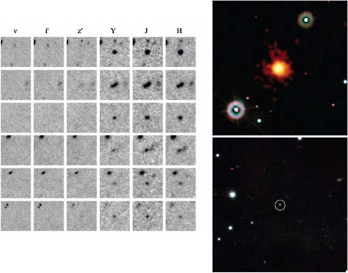 FIGURE 3.22 Left: Candidate redshift z ~ 7 galaxies identified by the “dropout” technique whereby each object is detected in the near infrared (J and H bands) but not at optical wavelengths (viz bands). The goal for the next decade is to find galaxies at even higher redshifts, confirm them spectroscopically, and study their chemical composition to identify primordial stellar populations. Top right: Swift ultraviolet/X-ray image (orange, red) of a gamma-ray burst at redshift z ~ 8.2, assuming the extremely red color in the optical/infrared image (bottom right) is due to the Lyman break at rest-frame 912 Å. This is the highest redshift cosmic explosion detected to date. No visible or ultraviolet light (green, blue) was detected at the position of the burst, but near-infrared emission was detected with the United Kingdom Infrared Telescope Facility and (bottom right) the Gemini North telescope. More such events, and more distant ones, will be visible with sensitive wide-field gamma-ray satellites and prompt follow-up observations in the near-infrared and optical. SOURCE: Left: R.J. Bouwens, G.D Illingworth, M. Franx, and H. Ford, z ~ 7-10 galaxies in the HUDF and GOODS fields: UV luminosity functions, Astrophysical Journal 686(1):230-250, 2008, reproduced by permission of the AAS. Top right: Courtesy of NASA/Swift/Stefan Immler. Bottom right: Courtesy of Gemini Observatory/NSF/AURA/D. Fox, A. Cucchiara (Pennsylvania State University), and E. Berger (Harvard University).