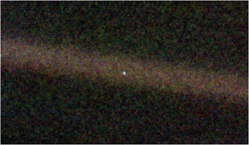 The Pale Blue Dot: Earth, as seen in 1990 from a distance of 40.6 AU, by Voyager 1. SOURCE: NASA/JPL.
