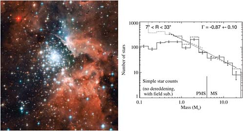 FIGURE 4.4 Left: Hubble Space Telescope image of the dense star cluster NGC 3603, at a distance of ~6 kpc. Right: the mass function derived for NGC 3603 is slightly flatter than that derived for the local stellar population. SOURCE: Left: NASA, ESA, and the Hubble Heritage (STScI/AURA)-ESA/Hubble Collaboration. Acknowledgment: Jesús Maíz Apellániz (Instituto de Astrofísica de Andalucía, Spain) and Davide de Martin (skyfactory.org). Right: A. Stolte, W. Brandner, B. Brandl, and H. Zinnecker, The secrets of the nearest starburst cluster. II. The present-day mass function in NGC 3603, Astronomical Journal 132:253-270, 2006, reproduced by permission of the AAS.