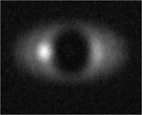 FIGURE 6.15 Simulated image of the giant planet 47 UMa b including a 3-zodi dust disk, as observed with a small coronagraphic space telescope. In this case the planet is easily detected against the zodi background, but moving to smaller planets and/or higher zodi levels rapidly diminishes the contrast. The zodi levels for typical stars in the solar system have not yet been measured, but that could be done with a small coronagraphic mission. SOURCE: Tom Greene, NASA Ames Research Center.