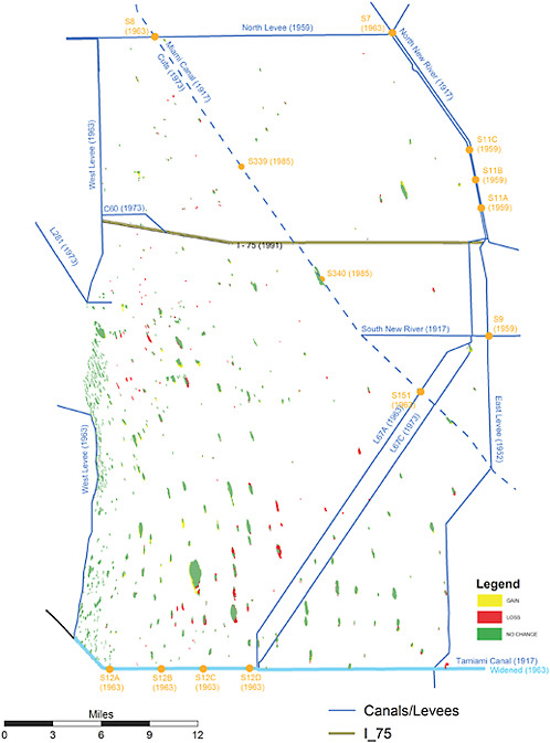 FIGURE 2-13 Changes in the areal extent of tree islands between 1995 and 2004. Yellow areas show where the islands have expanded, red areas show where they have lost their vegetation, and green areas are unchanged.