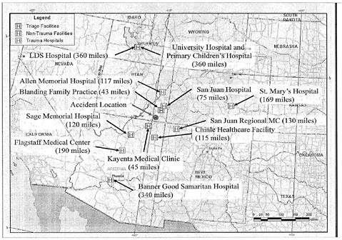 FIGURE 2-2 Victims from the Mexican Hat incident were treated at 13 facilities in 4 states.