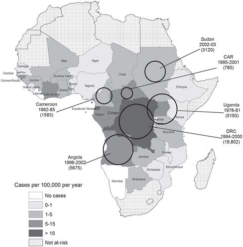FIGURE A2-3 Map of the distribution of sleeping sickness incidence, Africa 1976–2004.
