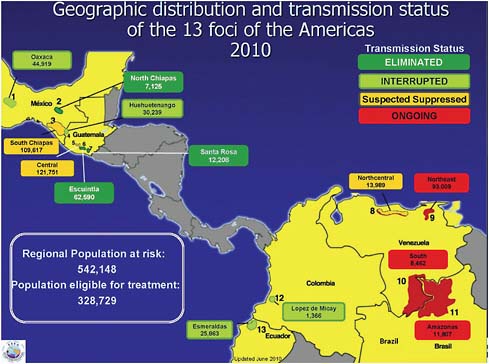 FIGURE WO-6 Geographic distribution and transmission status of the 13 onchocerciasis foci of the Americas (2010).