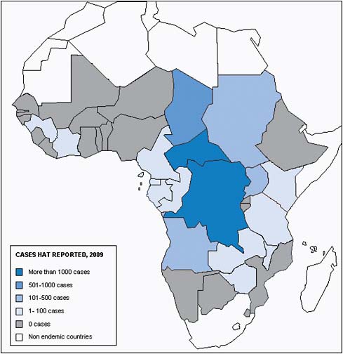 FIGURE A11-3 Classification of human African trypanosomiasis-endemic countries according to cases reported in 2009.
