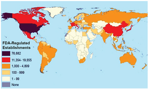 FIGURE 1-1 Worldwide distribution of establishments regulated by the U.S. Food and Drug Administration. Source: FDA 2007, p. 12.