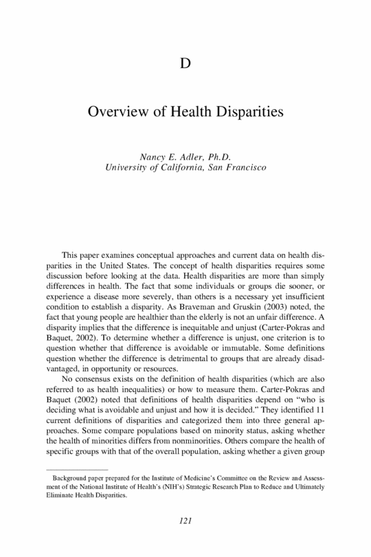Appendix D Overview Of Health Disparities Nancy E Adler Ph D