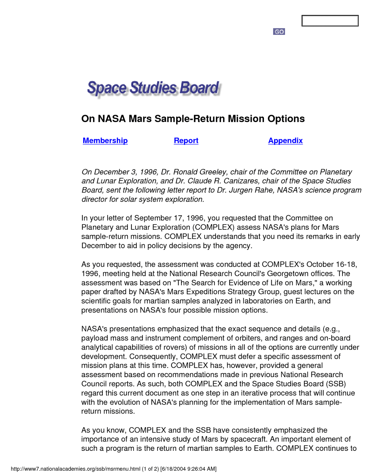 Letter Report On Nasa S Mars Sample Return Mission Options Letter