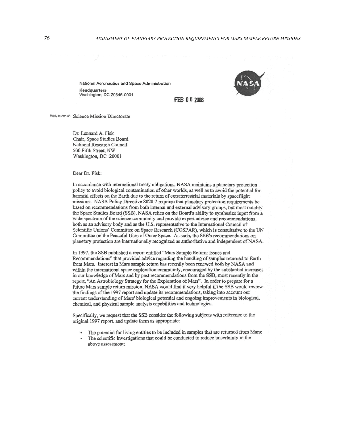 Appendix A Letter Of Request From Nasa Assessment Of Planetary