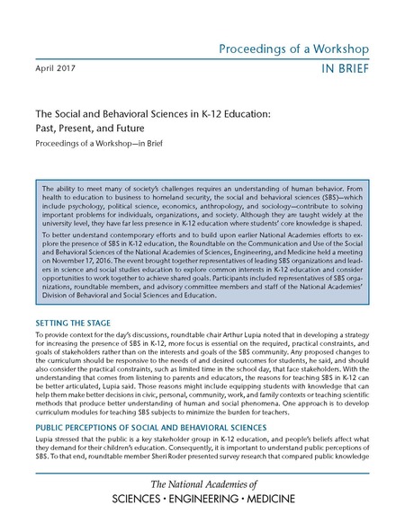 The Social And Behavioral Sciences In K 12 Education Past Present And Future Proceedings Of A Workshop In Brief The Social And Behavioral Sciences In K 12 Education Past Present And Future Proceedings Of