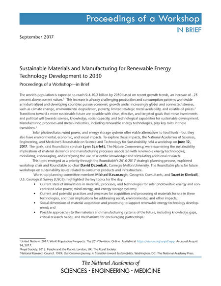 Sustainable Materials and Manufacturing for Renewable Energy Technology Development to 2030: Proceedings of a Workshop–in Brief