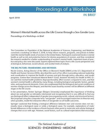 Women's Mental Health across the Life Course through a Sex-Gender Lens: Proceedings of a Workshop–in Brief