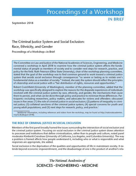 The Criminal Justice System and Social Exclusion: Race, Ethnicity, and Gender: Proceedings of a Workshop–in Brief