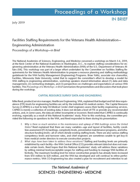 Facilities Staffing Requirements for the Veterans Health Administration–Engineering Administration: Proceedings of a Workshop–in Brief