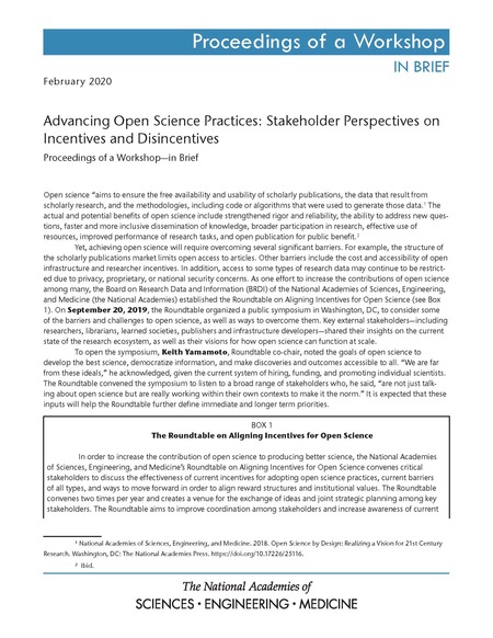 Advancing Open Science Practices: Stakeholder Perspectives on Incentives and Disincentives: Proceedings of a Workshop–in Brief