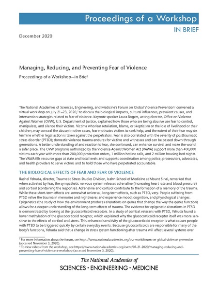 Cover:Managing, Reducing, and Preventing Fear of Violence: Proceedings of a Workshop—in Brief