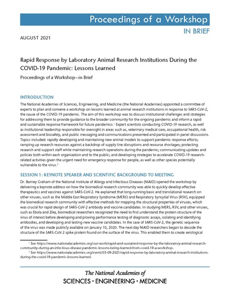 Rapid Response by Laboratory Animal Research Institutions During the COVID-19 Pandemic: Lessons Learned: Proceedings of a Workshop–in Brief