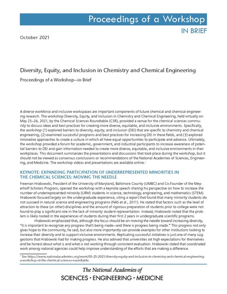 Cover:Diversity, Equity, and Inclusion in Chemistry and Chemical Engineering: Proceedings of a Workshop–in Brief