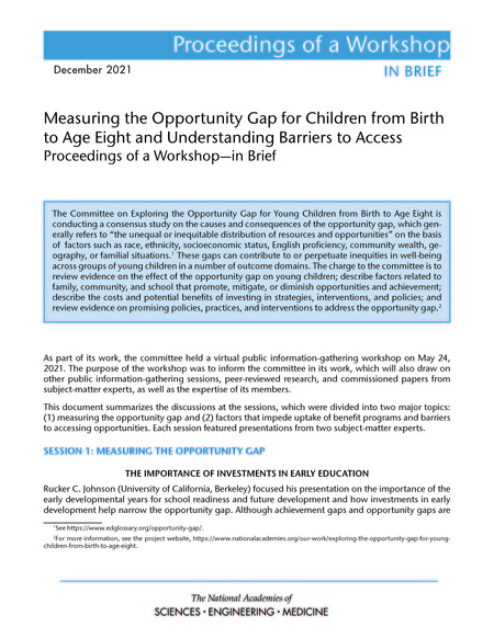 Measuring the Opportunity Gap for Children from Birth to Age Eight and Understanding Barriers to Access: Proceedings of a Workshop–in Brief