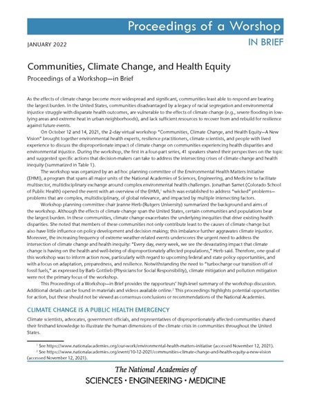 Cover:Communities, Climate Change, and Health Equity: Proceedings of a Workshop–in Brief