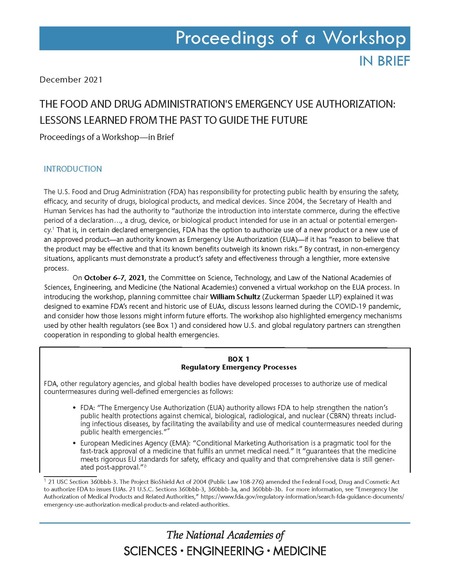 The Food and Drug Administration's Emergency Use Authorization: Lessons Learned from the Past to Guide the Future: Proceedings of a Workshop–in Brief