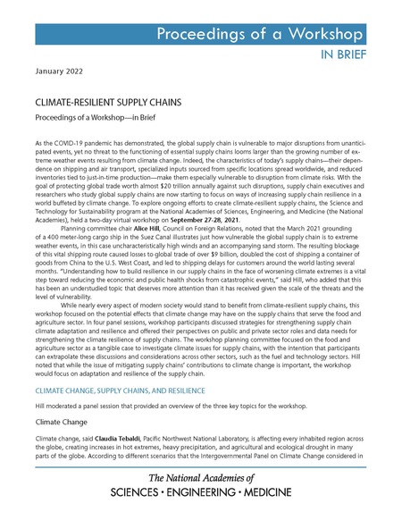 Cover:Climate-Resilient Supply Chains: Proceedings of a Workshop–in Brief