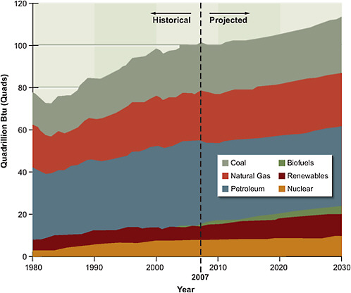 FIGURE 1.7 Historical (1980–2007) and projected (2008–2030) energy consumption in the United States by primary energy source, in quads. The projected energy use from 2020 to 2030 reflects the U.S. Energy Information Administration’s (EIA’s) 2008 reference case; this reference case assumes that current policies that affect energy supply and consumption will remain unchanged and that economic growth rates and technology development and deployment trends will continue over the next 20 years. As explained in Box 2.1 in Chapter 2 and in Annex 3.A in Chapter 3, the AEF Committee uses the EIA reference case as the reference scenario for its study.