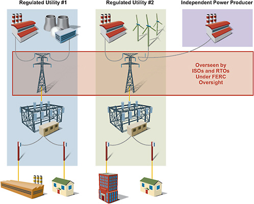 FIGURE 9.2 Key players in the T&D system. Power is produced by regulated investor-owned utilities (IOUs), which own the majority of the T&D systems, and in some areas by independent power producers (IPPs). IOUs typically provide electricity to end users through their own distribution systems, while IPPs sell to a utility or purchase transmission services to deliver electric power directly to an end user. There are also utilities that are federally or locally owned, such as municipal and rural co-ops. Most of these utilities own generating plants as well as T&D lines.