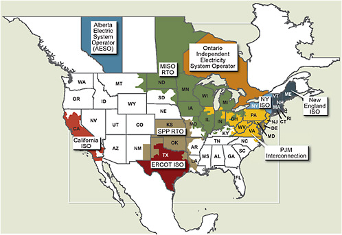 FIGURE 9.3 Independent System Operators (ISO) and Regional Transmission Organizations (RTO) in North America. Regions in which the power industry has been restructured, such as Texas, the Northeast, the Upper Midwest, and much of California, are colored. In these areas, ISO/RTOs are responsible for operating the transmission system. In the white regions, where the industry has not been restructured, vertically integrated power utilities continue to operate the transmission system.