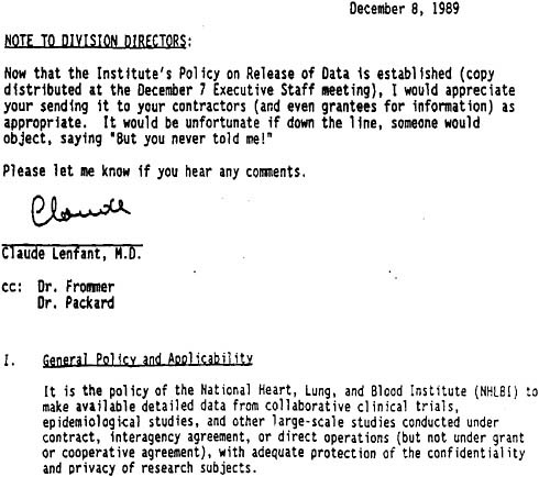 FIGURE 2-8 Memorandum dated December 8, 1989, from Claude Lenfant, Director of the National Heart, Lung, and Blood Institute (NHLBI), to division directors regarding public release of data generated by large institute-supported studies.