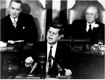 FIGURE 5-3 President John F. Kennedy’s May 25, 1961, speech before a joint session of the Congress, in Washington, D.C.: “I believe that this nation should commit itself to achieving the goal, before this decade is out, of landing a man on the Moon and returning him safely to the Earth. No single space project in this period will be more impressive to mankind, or more important in the long-range exploration of space; and none will be so difficult or expensive to accomplish.”