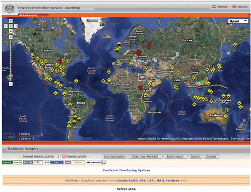 FIGURE 5-8 Screenshot of Havaria Information Services AlertMap. SOURCE: Courtesy of RSOE, http://visz.rsoe.hu/alertmap/index2.php.