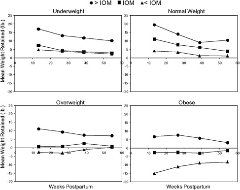 FIGURE 2-12 Mean postpartum weight retention by weight gain category (IOM, 1990) and prepregnancy BMI category across four postpartum visits in the IFPS II study.