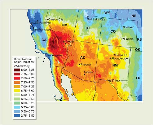 FIGURE 2.3 Direct normal solar radiation in the Southwest, which represents the most suitable region for electricity generation from concentrated solar power.