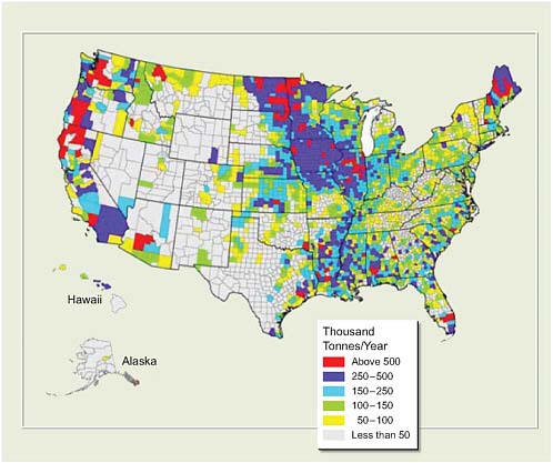 FIGURE 2.8 Total biomass resources available in the United States, by county.