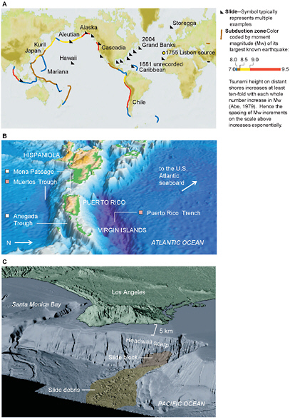 FIGURE 2.2 Illustrations of various tsunami sources. (A) Global sketch of subduction zones and landslides known or inferred to pose tsunami hazards. The blue, brown, and yellow lines do not necessarily represent maximum earthquake size, as discussed in the text and further illustrated in Appendix A. The depiction of landslides emphasizes those regarded as posing a tsunami threat to the United States and its territories. SOURCE: Committee member. (B) The offshore area of Puerto Rico. SOURCE: Image courtesy of Uri ten Brink. (C) The offshore area near Los Angeles. SOURCE: Normark et al., 2004; with permission from Elsevier.