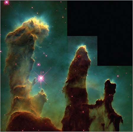 FIGURE 1.17 The Eagle Nebula, the “Pillars of Creation,” where stars have been formed in the last few million years. Dust obscures the birth sites, but JWST can see through the dust. SOURCE: Courtesy of NASA, ESA, STScI, J. Hester and P. Scowen (Arizona State University).