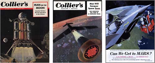 FIGURE 3.1 American dreams—Collier’s magazine covers in 1952 and 1954 illustrating Werner von Braun’s dreams of spaceflight. SOURCE: Reproduced with permission of Bonestell Space Art.