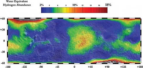 FIGURE 3.15 Is Mars a place for humans? Map of near-surface ice from the Mars Odyssey mission. To understand the potential for past or present life and the future habitability of Mars, we must determine the history of water and its form, amount, and distribution on the planet. SOURCE: Courtesy of Los Alamos National Laboratory.