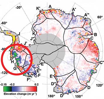 FIGURE 6.12 Radar altimeter data. SOURCE: D.J. Wingham, A. Shepherd, A. Muir, and G.J. Marshall, Mass balance of the Antarctic ice sheet, Phil. Trans. Royal Soc. (Lond) A, 364:1627– 1635, doi: 10.1098/rsta.2006.1792, 2006. Courtesy of Duncan Wingham, Earth Sciences, University College London.