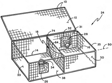 FIGURE 17.3 Lobster trap diagram, exhibiting design features similar to those of the caddis larva food sieve (see Fig. 17.2); the reasons for the design features are described in the patent application (available at www.freepatentsonline.com/7111427.html).