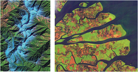 FIGURE 2.4 These two images show that repeating patterns apply in different landscape types. These and many other geopatterns arise through local interactions and structure the landscape. What do they tell us? The image on the left shows patterns in a mountain and valley landscape on the border of China and Myanmar, while the image on the right shows the sinuous and branching patterns present at the mouth of the Kayan River, Indonesia. SOURCE: SPOT satellite image © CNES (2009), acquired by CRISP, NUS.