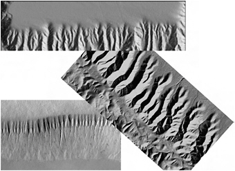 FIGURE 2.14 Three landscapes showing ridge and valley topography. The marine image (top; continental slope off Virginia) is derived from echo-sounder data of water depths of 200 to 1,000 meters. The San Andreas fault image (middle) is derived from airborne laser swath mapping from http://www.opentopography.org, and the Mars image (bottom; NASA/JPL/MSSS) is a photograph from the Mars Observer Camera. SOURCE: (top) Reprinted from Mitchell and Huthnance (2007) with permission from Elsevier; (middle) courtesy of Ramon Arrowsmith (Arizona State University) through http://www.opentopography.org; and (bottom) courtesy of NASA/JPL/MSSS.
